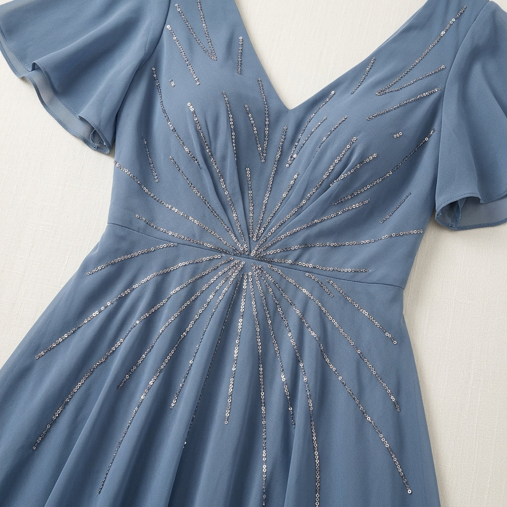 Allevinbk™ Aurora Sequin Flutter-Sleeve Chiffon Gown | Formal Mother of the Bride Wedding Guest Dress