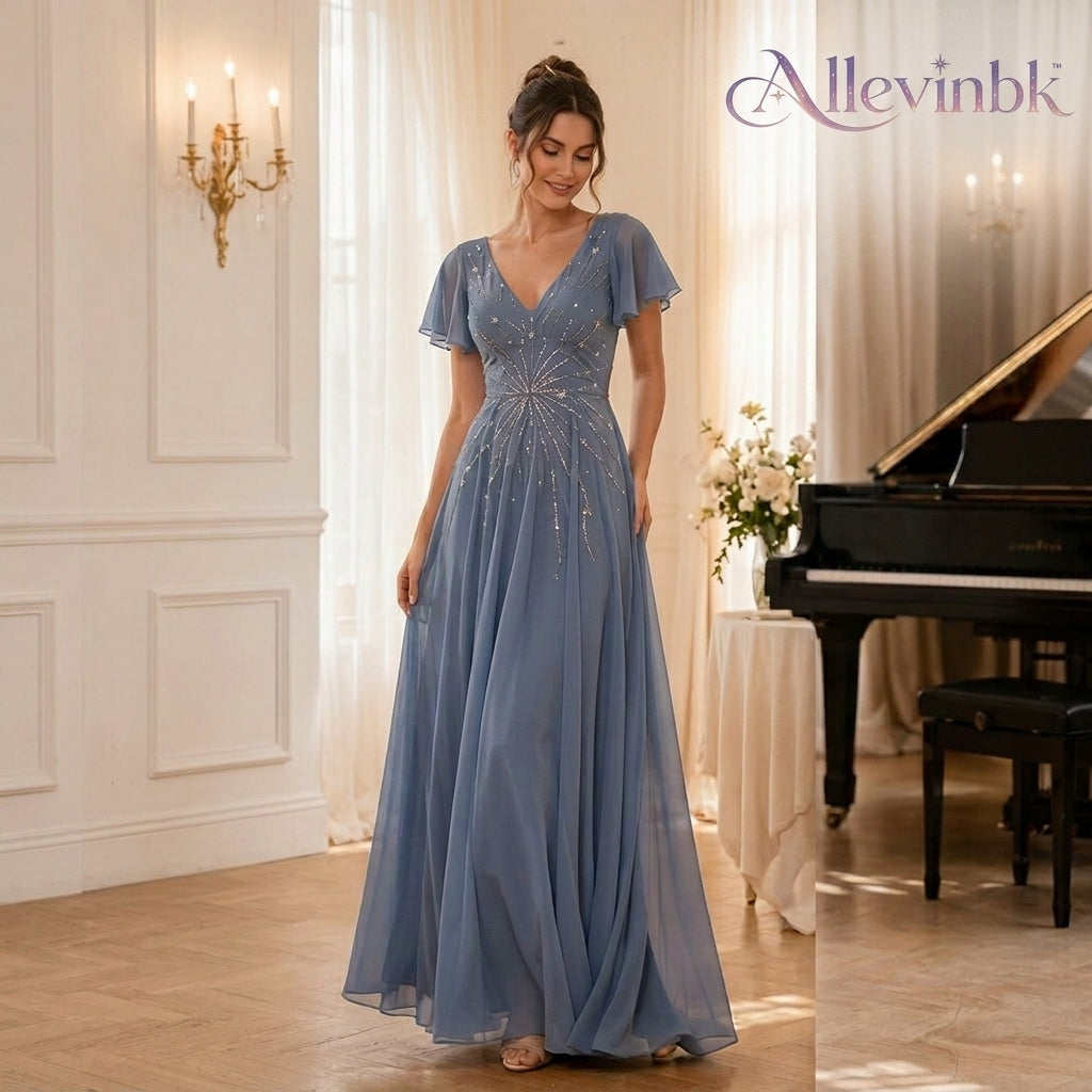 Allevinbk™ Aurora Sequin Flutter-Sleeve Chiffon Gown | Formal Mother of the Bride Wedding Guest Dress