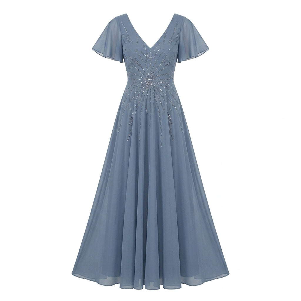 Allevinbk™ Aurora Sequin Flutter-Sleeve Chiffon Gown | Formal Mother of the Bride Wedding Guest Dress
