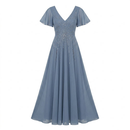 Allevinbk™ Aurora Sequin Flutter-Sleeve Chiffon Gown | Formal Mother of the Bride Wedding Guest Dress