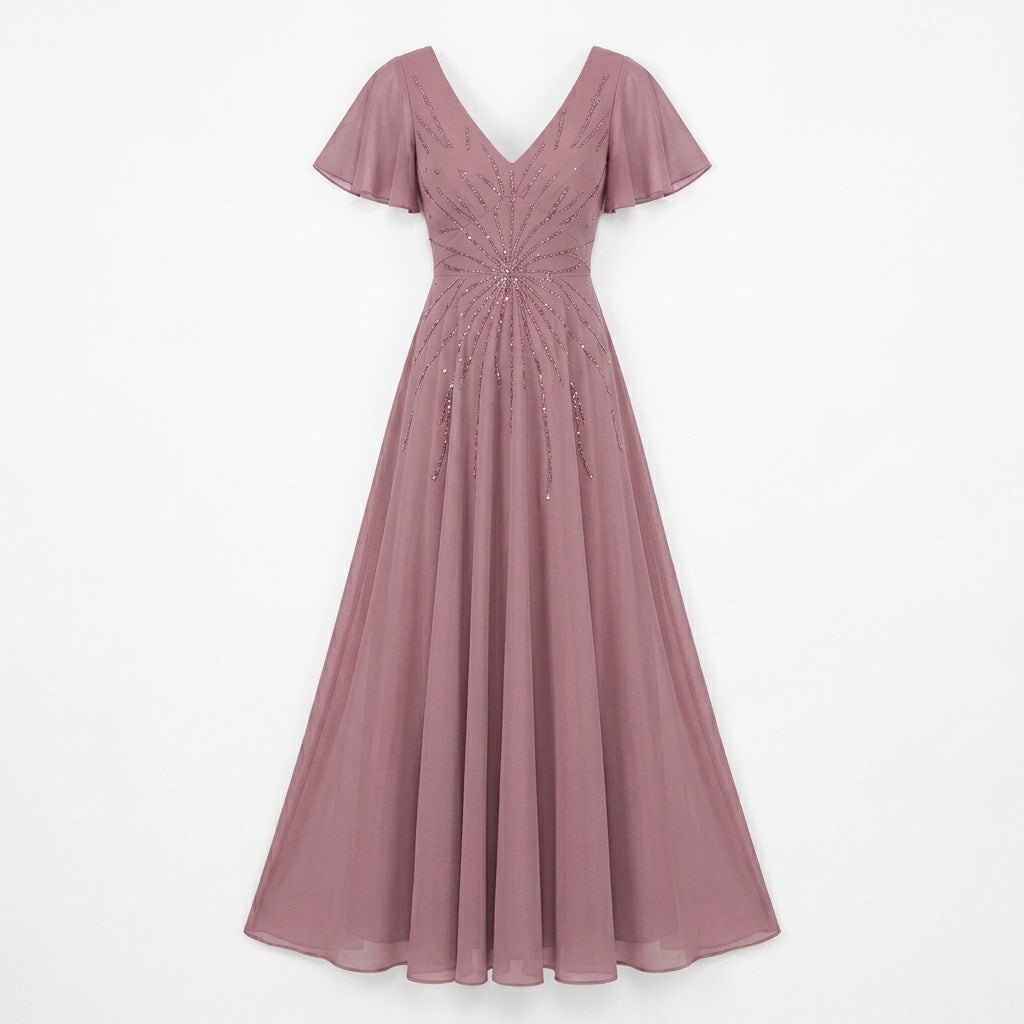 Allevinbk™ Aurora Sequin Flutter-Sleeve Chiffon Gown | Formal Mother of the Bride Wedding Guest Dress