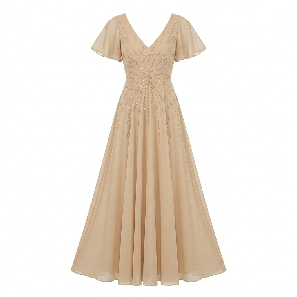 Allevinbk™ Aurora Sequin Flutter-Sleeve Chiffon Gown | Formal Mother of the Bride Wedding Guest Dress