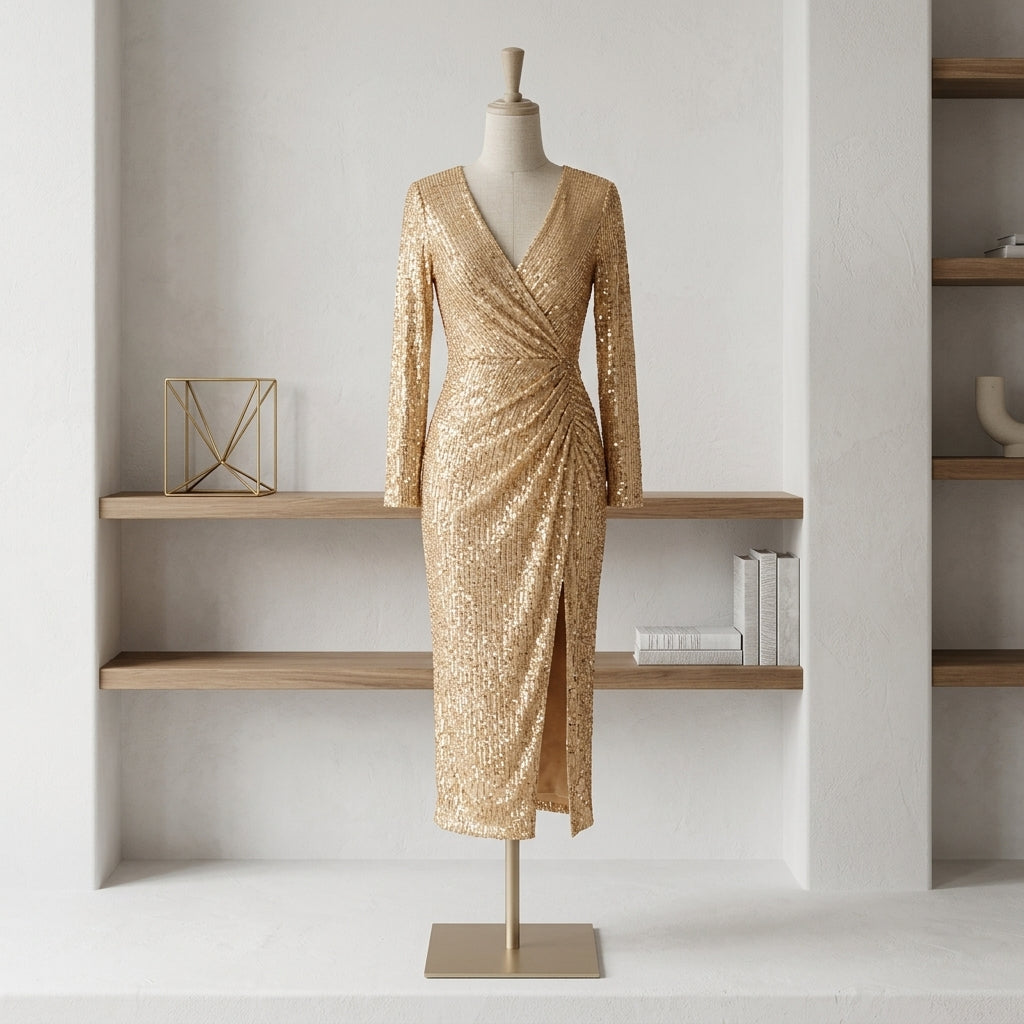 Allevinbk™ Sequin Wrap Midi Dress | V-Neck Cocktail Wedding Guest Formal Party Dress