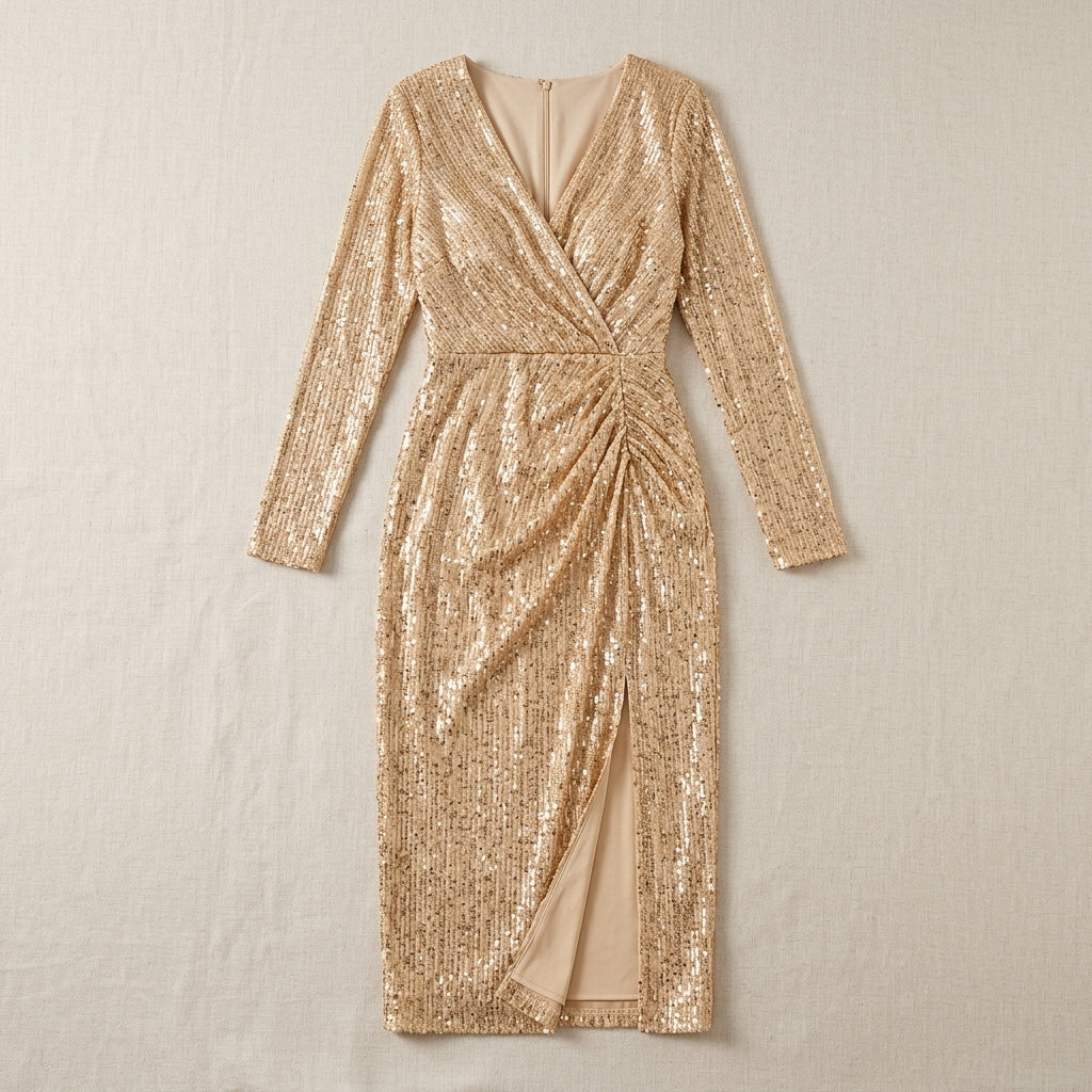 Allevinbk™ Sequin Wrap Midi Dress | V-Neck Cocktail Wedding Guest Formal Party Dress