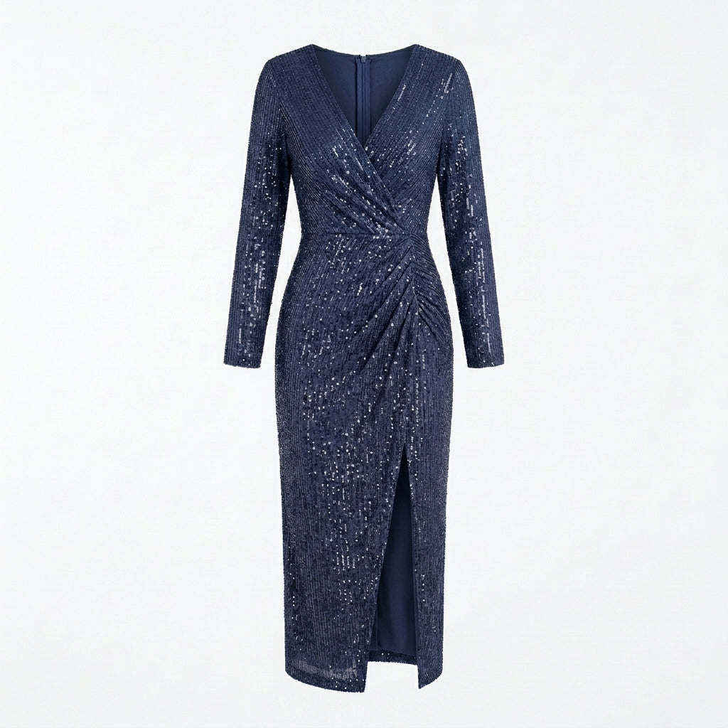 Allevinbk™ Sequin Wrap Midi Dress | V-Neck Cocktail Wedding Guest Formal Party Dress