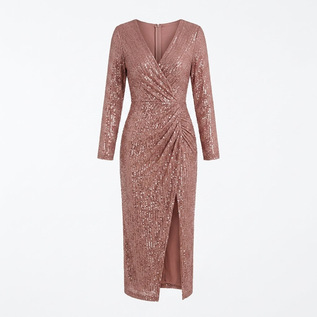 Allevinbk™ Sequin Wrap Midi Dress | V-Neck Cocktail Wedding Guest Formal Party Dress