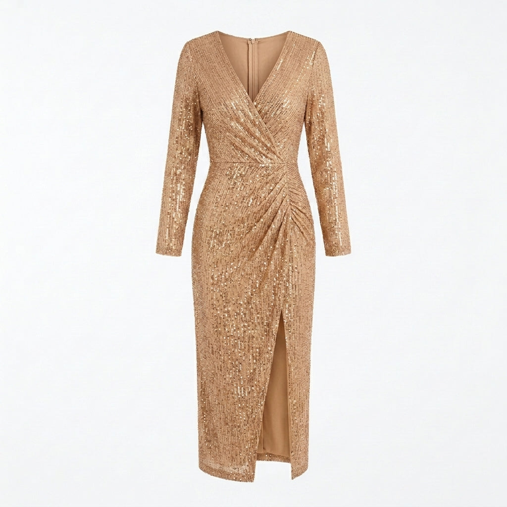 Allevinbk™ Sequin Wrap Midi Dress | V-Neck Cocktail Wedding Guest Formal Party Dress