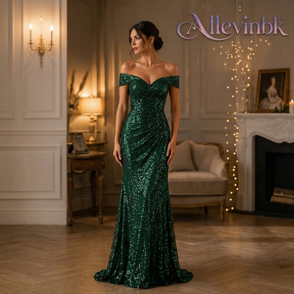 Allevinbk™ Sequin Off-the-Shoulder Evening Gown | Formal Maxi Gala Wedding Guest Dress