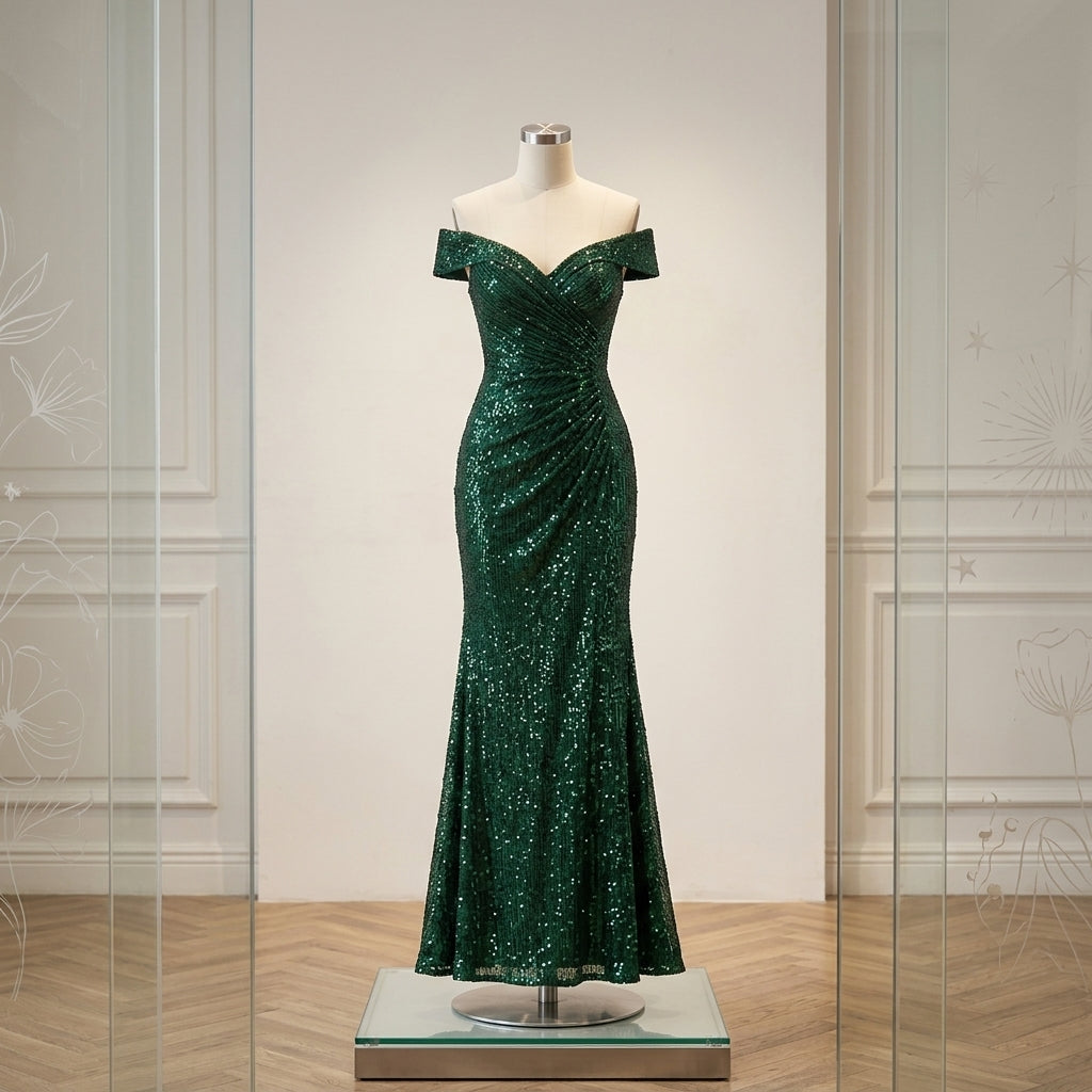 Allevinbk™ Sequin Off-the-Shoulder Evening Gown | Formal Maxi Gala Wedding Guest Dress