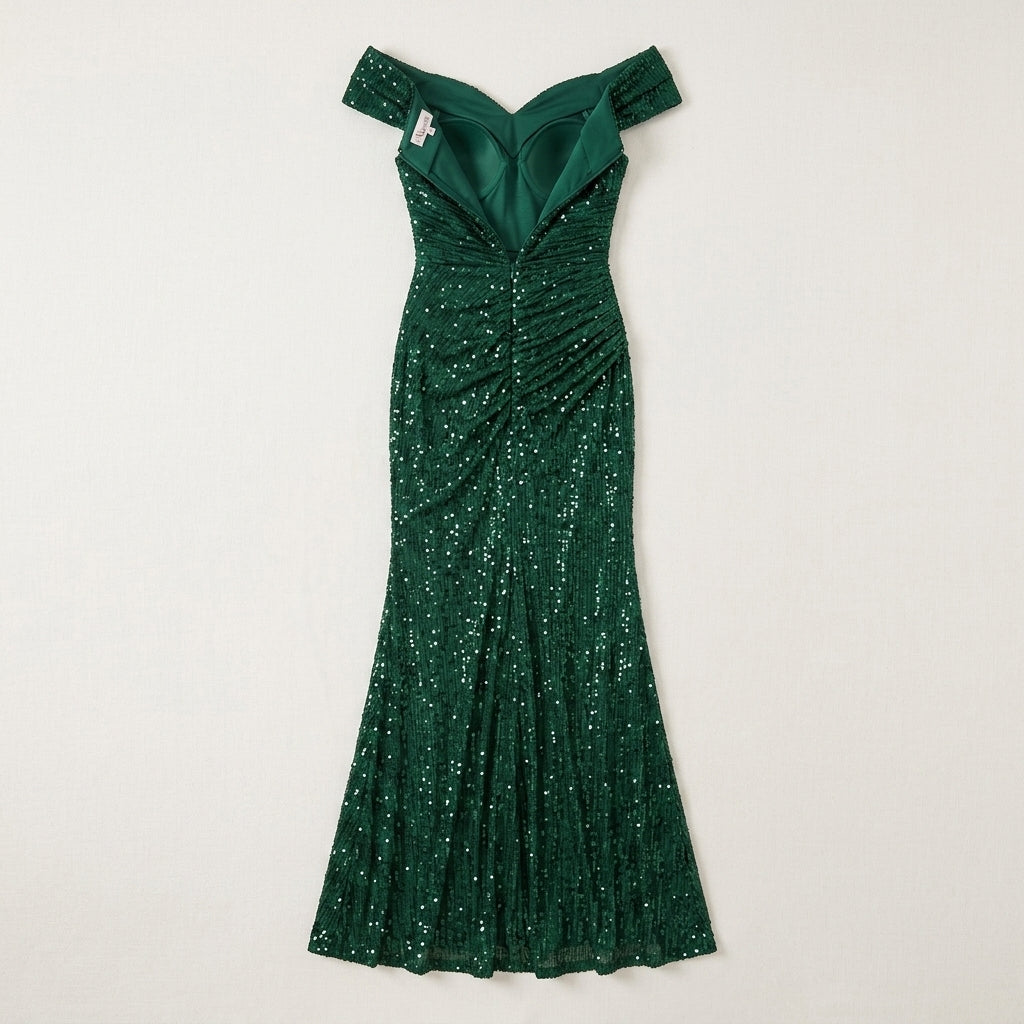 Allevinbk™ Sequin Off-the-Shoulder Evening Gown | Formal Maxi Gala Wedding Guest Dress