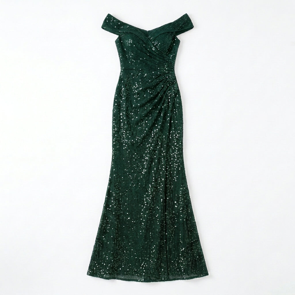 Allevinbk™ Sequin Off-the-Shoulder Evening Gown | Formal Maxi Gala Wedding Guest Dress