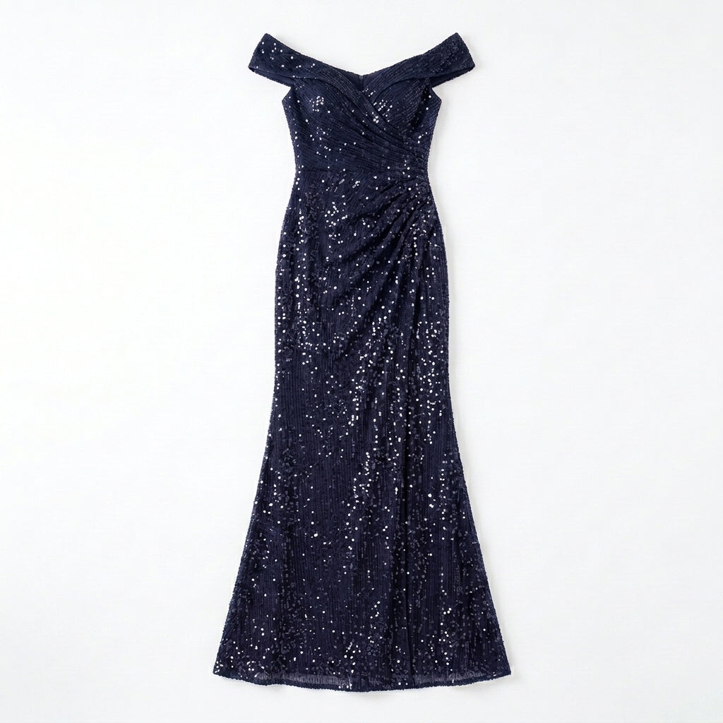 Allevinbk™ Sequin Off-the-Shoulder Evening Gown | Formal Maxi Gala Wedding Guest Dress