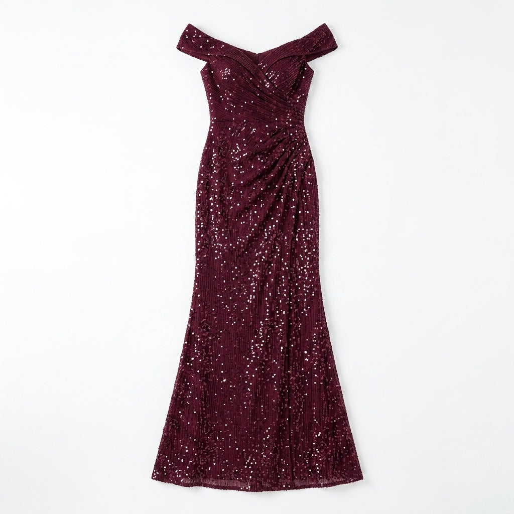Allevinbk™ Sequin Off-the-Shoulder Evening Gown | Formal Maxi Gala Wedding Guest Dress