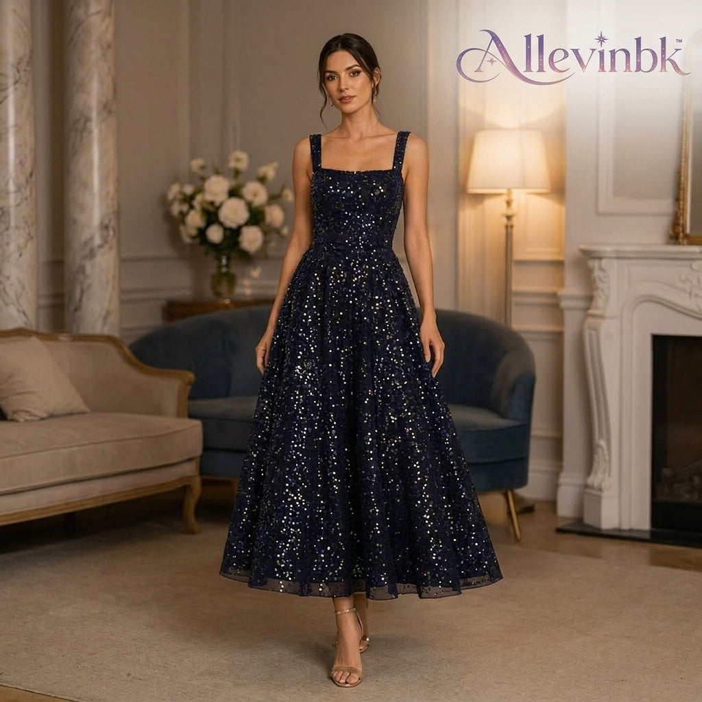 Allevinbk™ Sequin Square-Neck Midi Dress | Elegant Cocktail Wedding Guest Formal Party Dress