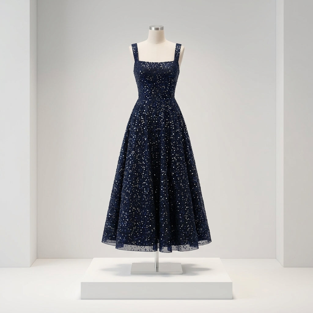 Allevinbk™ Sequin Square-Neck Midi Dress | Elegant Cocktail Wedding Guest Formal Party Dress