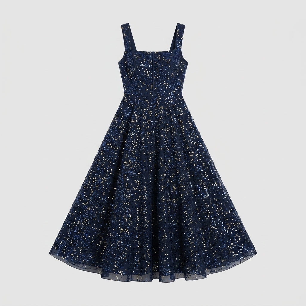 Allevinbk™ Sequin Square-Neck Midi Dress | Elegant Cocktail Wedding Guest Formal Party Dress