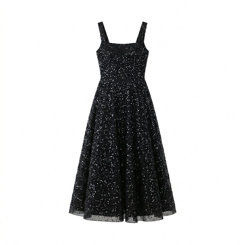 Allevinbk™ Sequin Square-Neck Midi Dress | Elegant Cocktail Wedding Guest Formal Party Dress