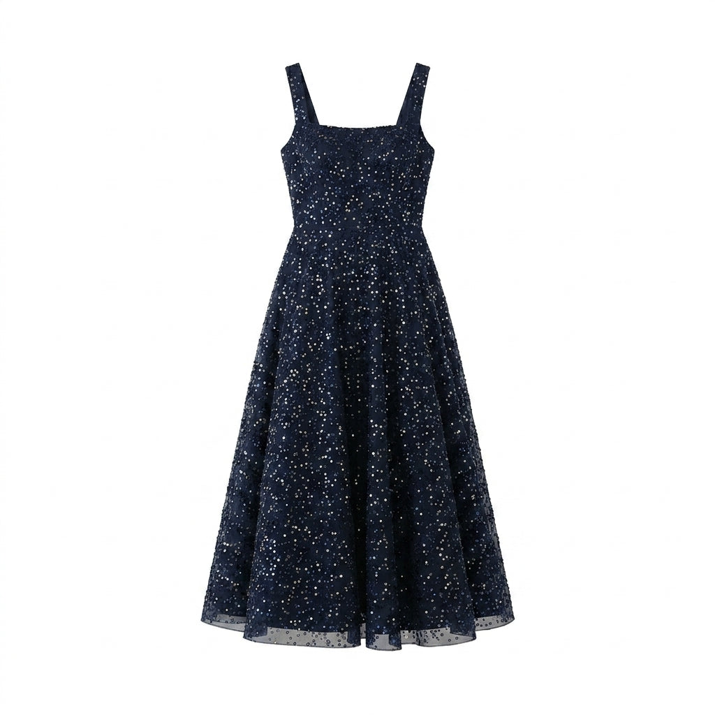 Allevinbk™ Sequin Square-Neck Midi Dress | Elegant Cocktail Wedding Guest Formal Party Dress