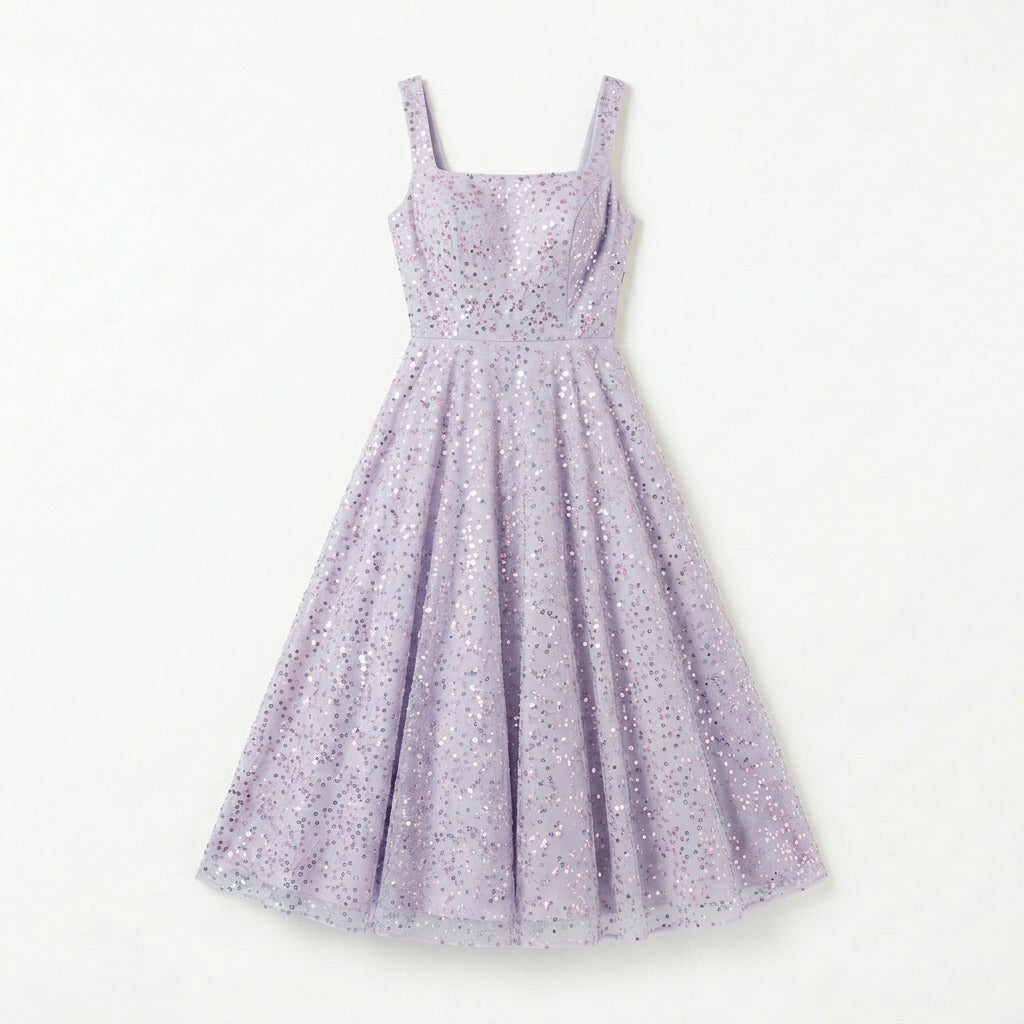 Allevinbk™ Sequin Square-Neck Midi Dress | Elegant Cocktail Wedding Guest Formal Party Dress