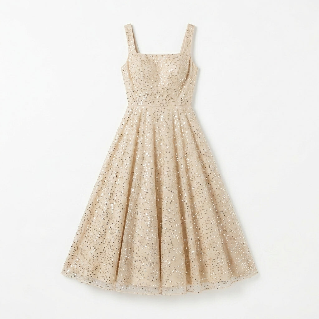 Allevinbk™ Sequin Square-Neck Midi Dress | Elegant Cocktail Wedding Guest Formal Party Dress