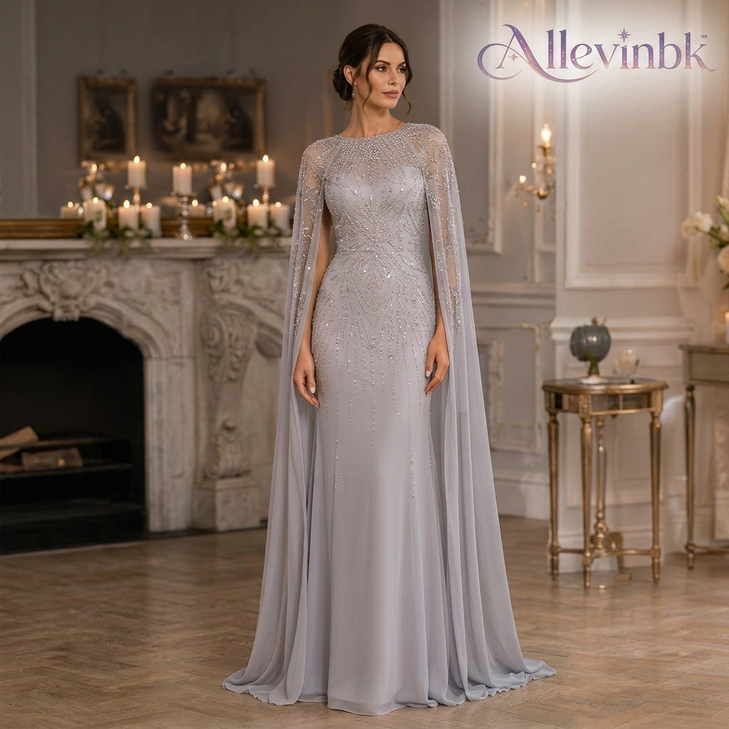 Allevinbk™ Sequin Cape-Sleeve Gown | Formal Gala Mother of the Bride Wedding Maxi Dress