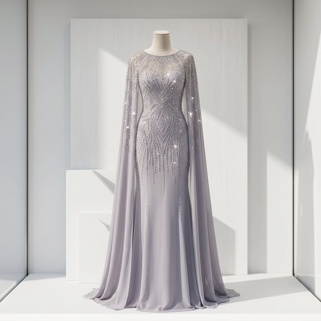 Allevinbk™ Sequin Cape-Sleeve Gown | Formal Gala Mother of the Bride Wedding Maxi Dress
