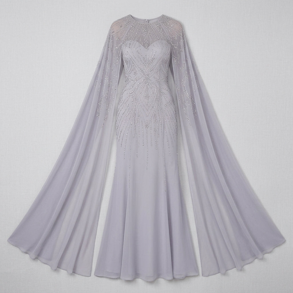 Allevinbk™ Sequin Cape-Sleeve Gown | Formal Gala Mother of the Bride Wedding Maxi Dress