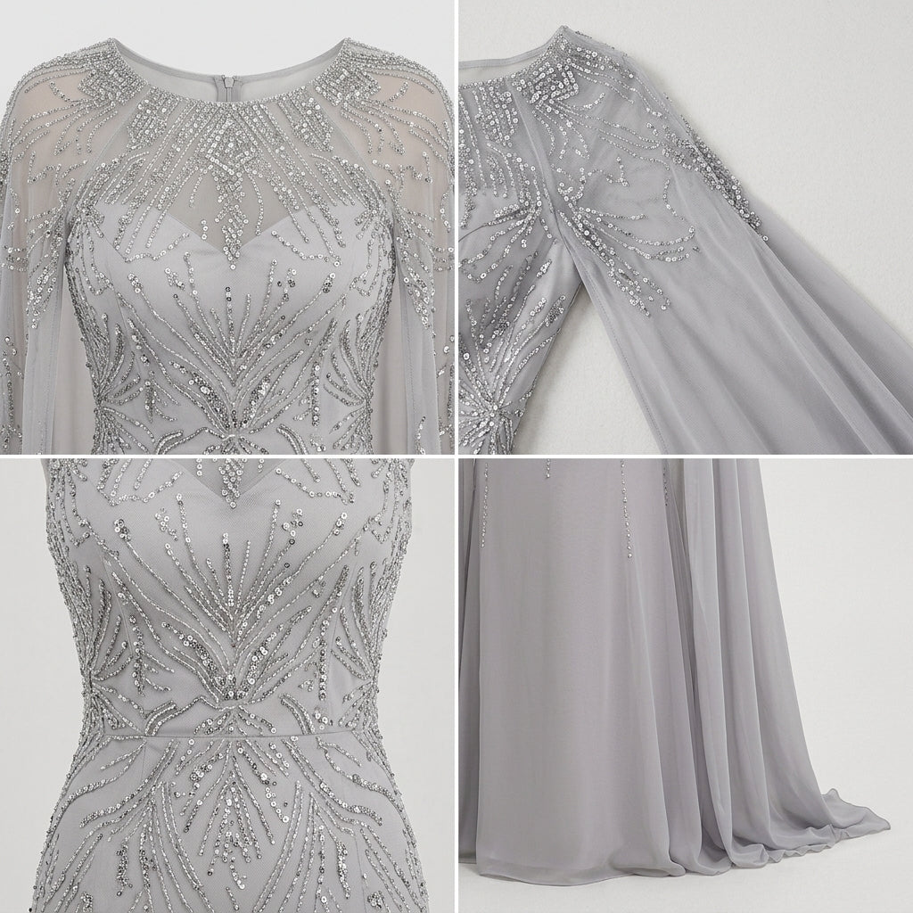 Allevinbk™ Sequin Cape-Sleeve Gown | Formal Gala Mother of the Bride Wedding Maxi Dress