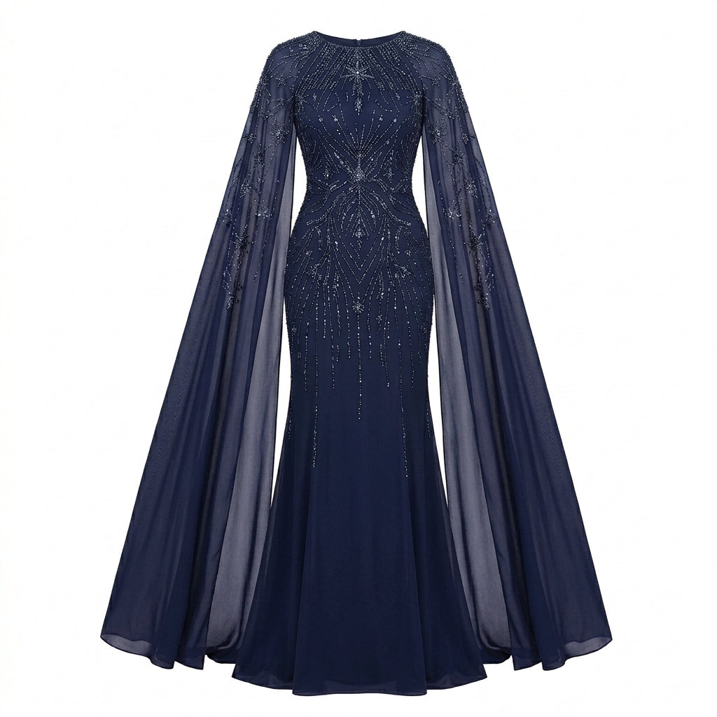 Allevinbk™ Sequin Cape-Sleeve Gown | Formal Gala Mother of the Bride Wedding Maxi Dress