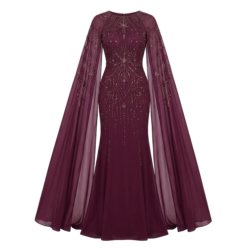 Allevinbk™ Sequin Cape-Sleeve Gown | Formal Gala Mother of the Bride Wedding Maxi Dress