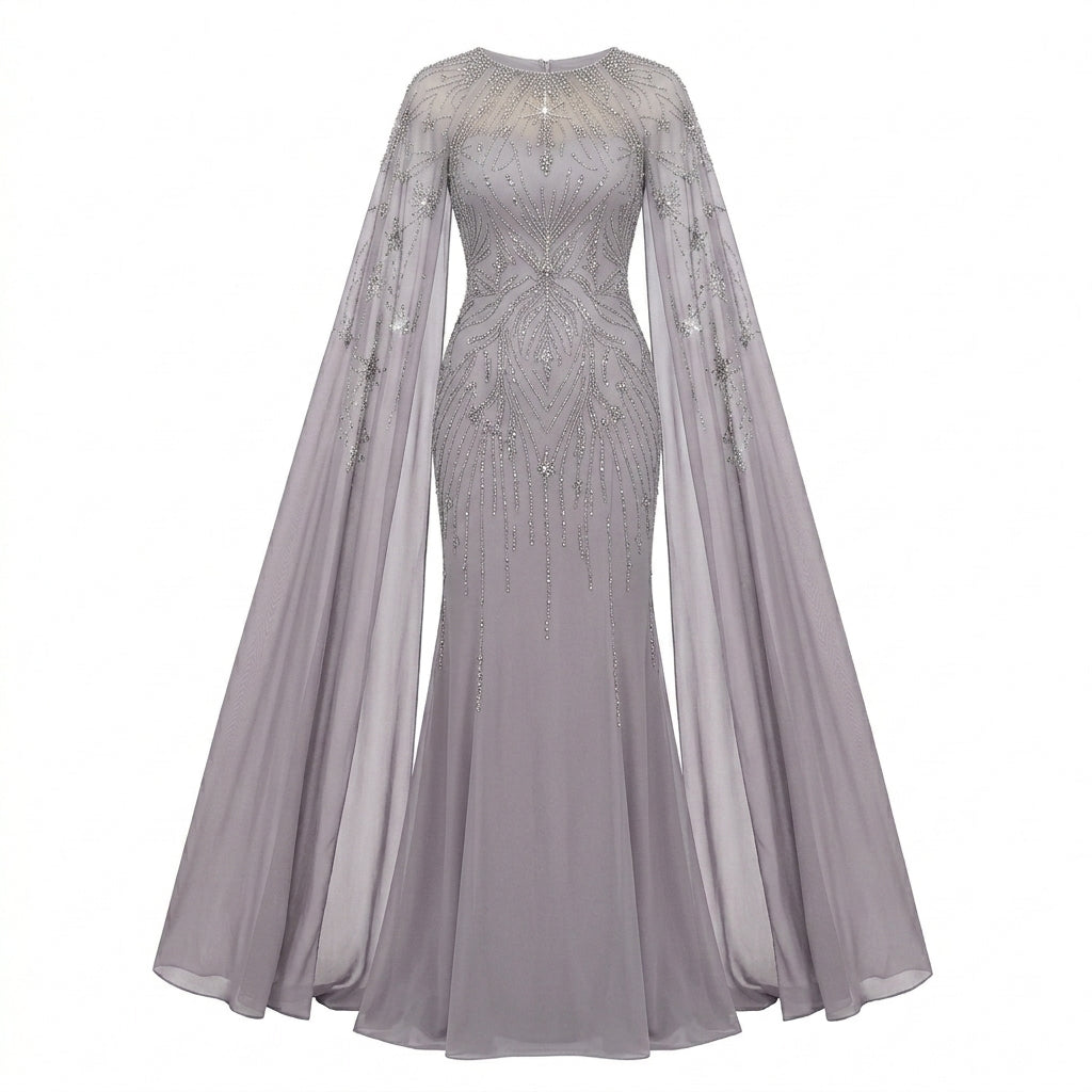 Allevinbk™ Sequin Cape-Sleeve Gown | Formal Gala Mother of the Bride Wedding Maxi Dress